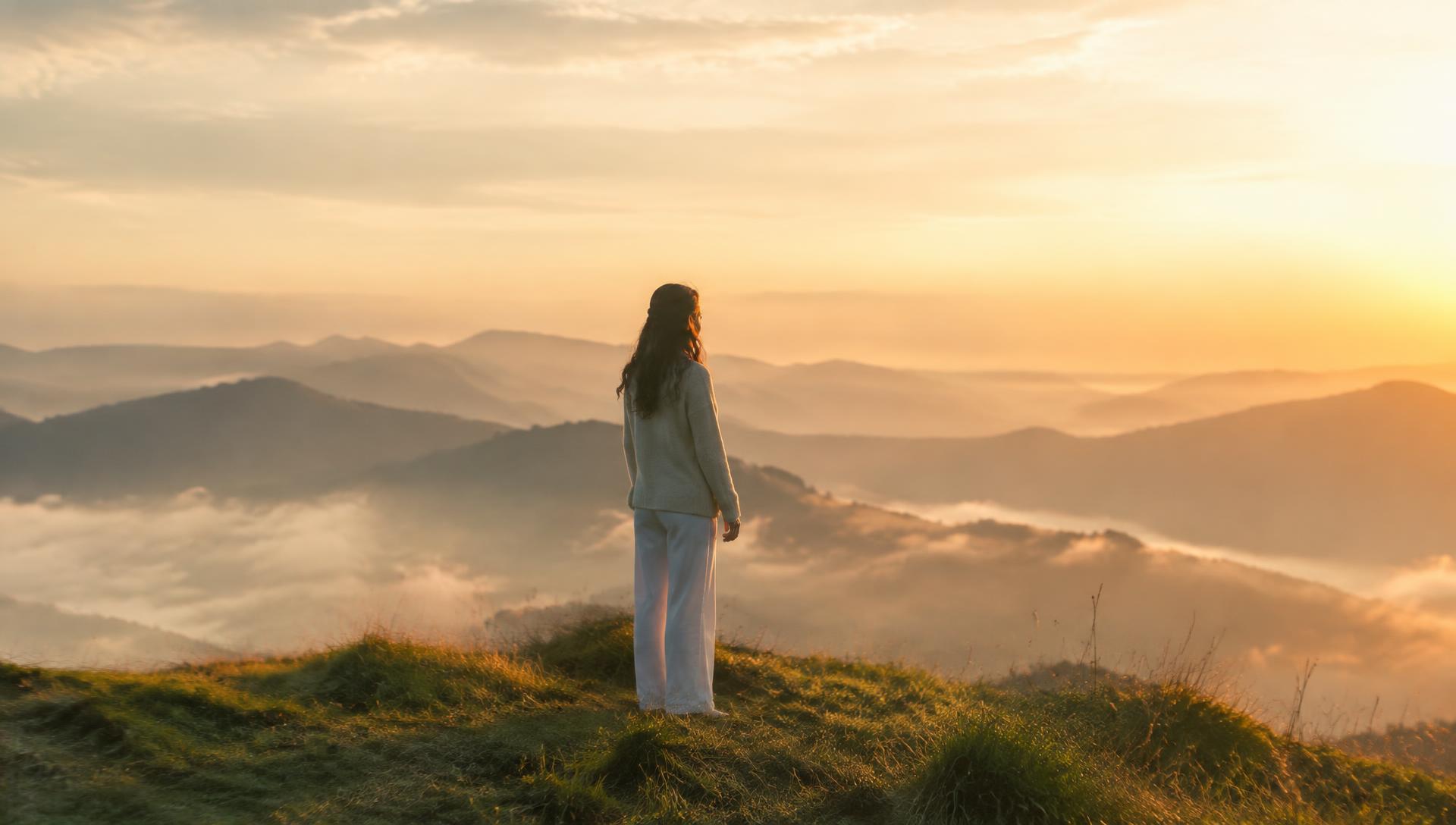 Frau blickt bei Sonnenaufgang über Berge
